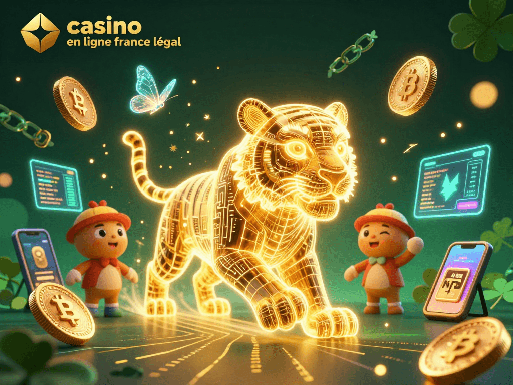 Jouer sur un casino en ligne France légal avec un tigre doré lumineux et des pièces de crypto-monnaie scintillantes.