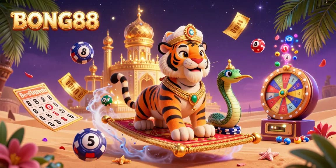 BONG88 offers a vibrant casino experience with colorful lottery elements and a lavish Arabian Nights theme.