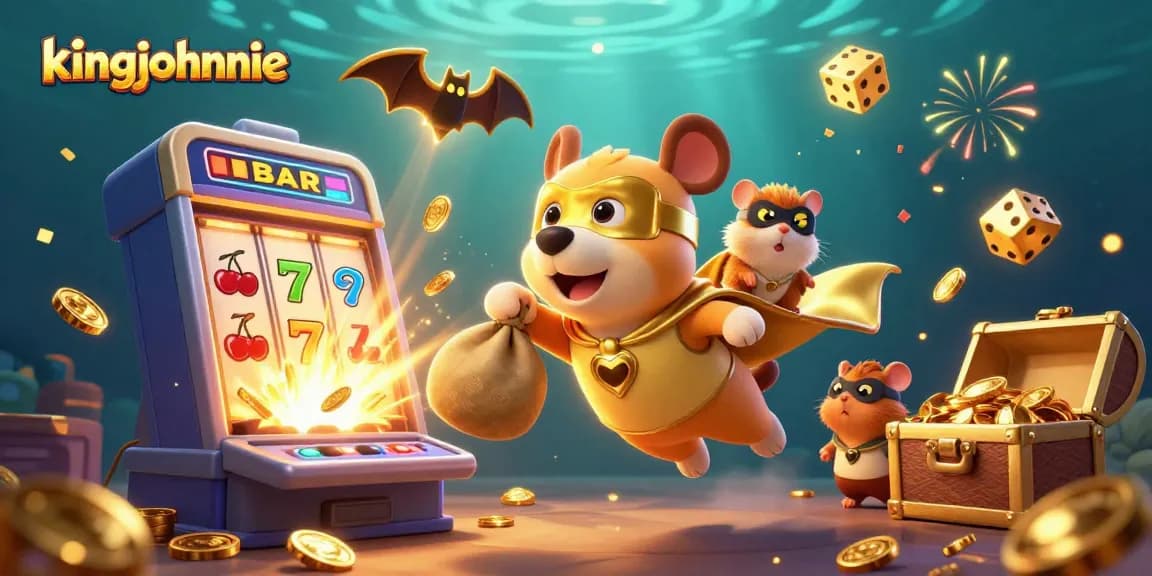 Experience vibrant casino action with kingjohnnie's superhero dog and treasures in a dynamic 3D illustration.