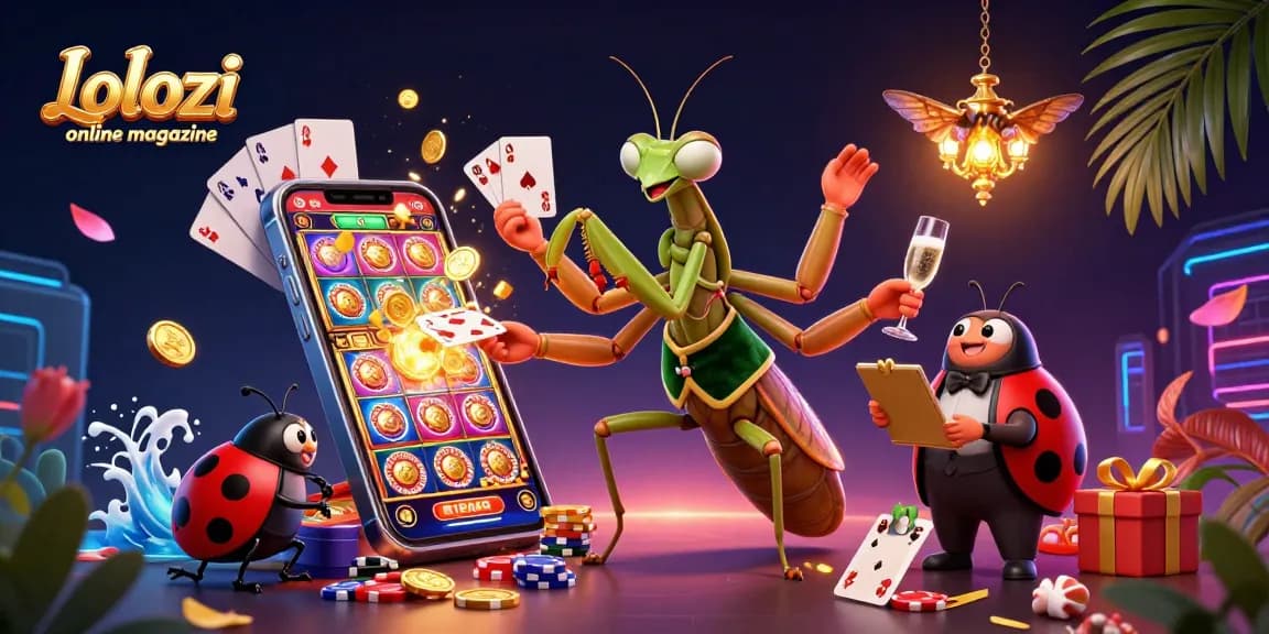 Lolozi online magazine showcases a vibrant 3D casino scene featuring a mantis dealer and ladybug pit boss in action.