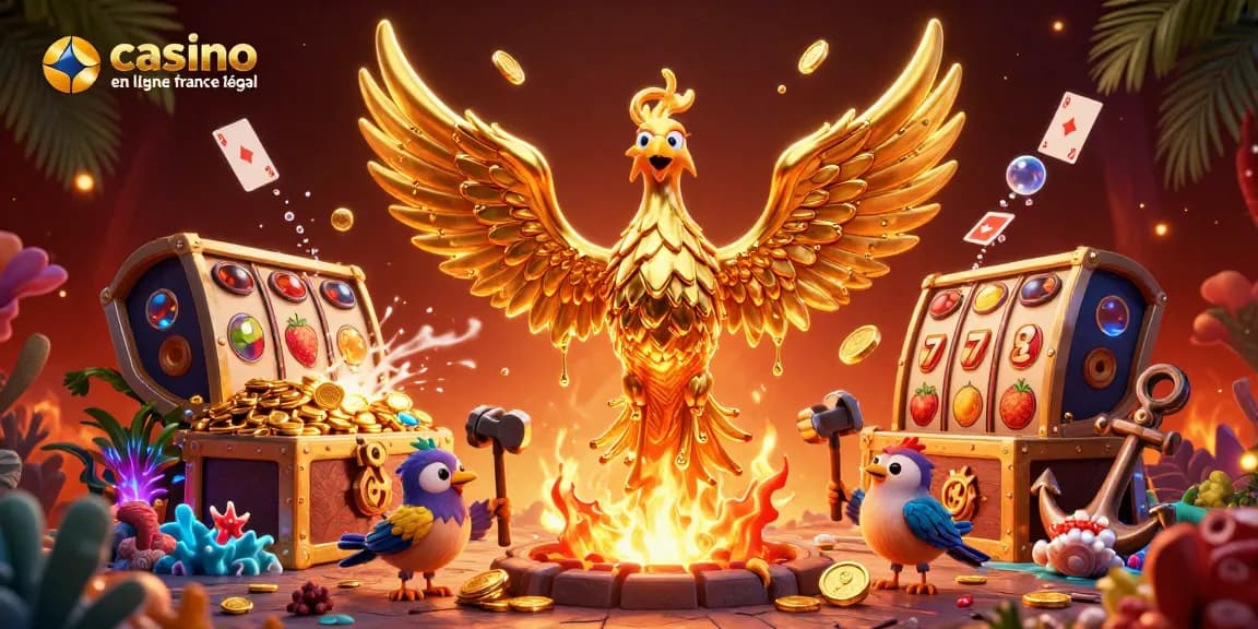 Visualisez des jeux à gains avec le casino en ligne France légal, mettant en avant une scène dynamique de machines à sous.