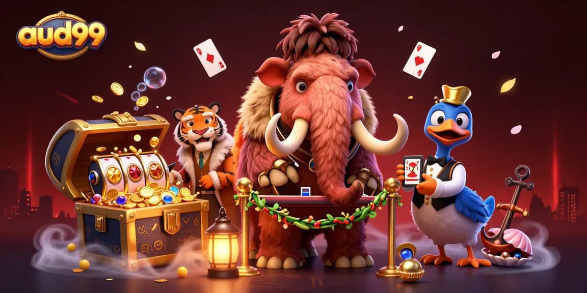 Experience aud99 excitement with a woolly mammoth bouncer at a vibrant casino entrance.