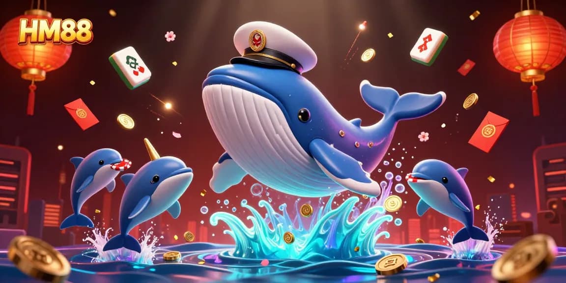 Experience thrilling gameplay with HM88 in a vibrant underwater casino scene featuring a captain whale and playful dolphins.