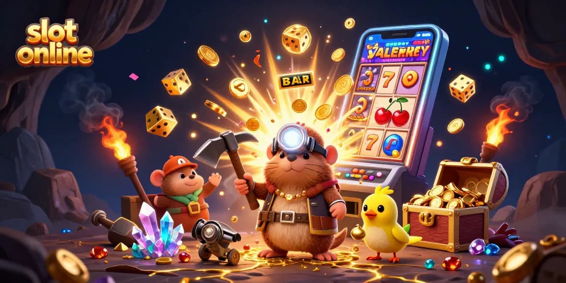 Experience thrilling slot online action with our vibrant 3D illustration of a treasure hunter mole and lucky symbols.