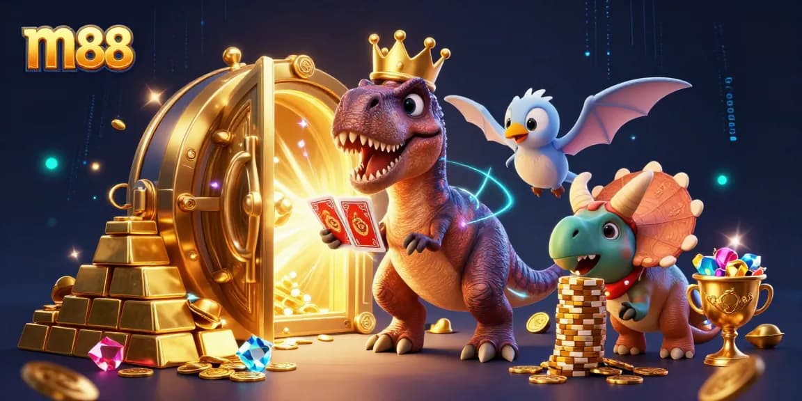 M88 casino scene with a T-Rex, pterodactyl, and triceratops engaging in card games and stacking chips.