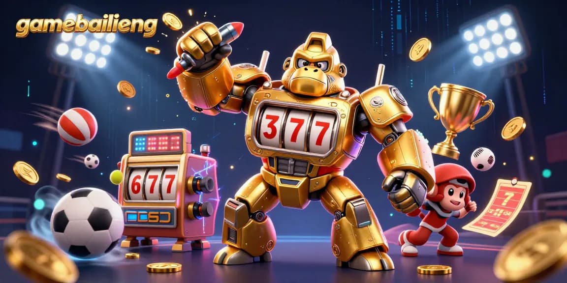 Experience thrilling gameplay with gamebailieng through an exhilarating 3D scene of a golden mech and sports elements.