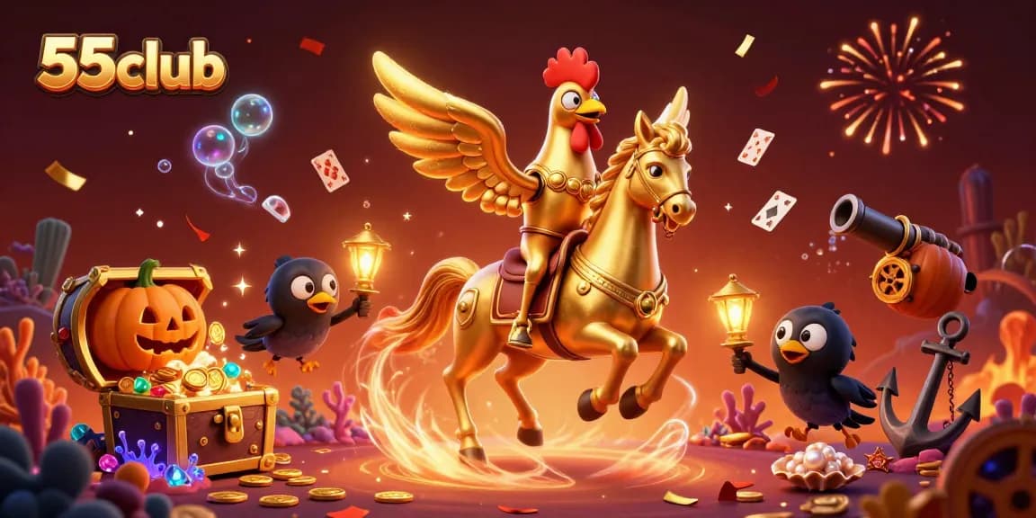 Experience excitement at 55club with our golden rooster character in a lively casino scene.