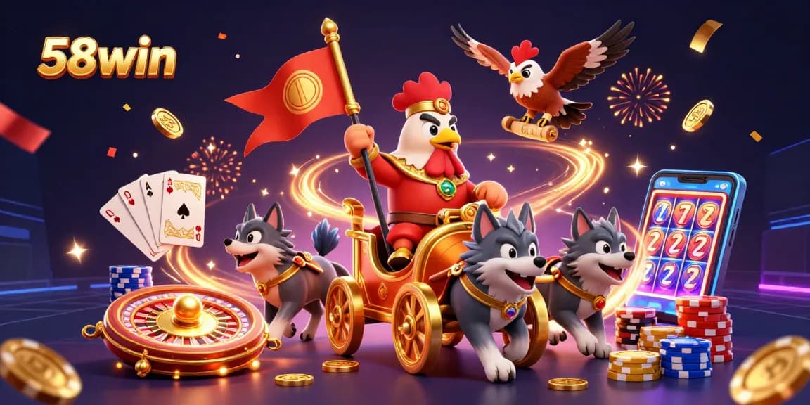 Experience the thrill of 58win with a dynamic scene featuring gaming elements and a warlord amidst riches.