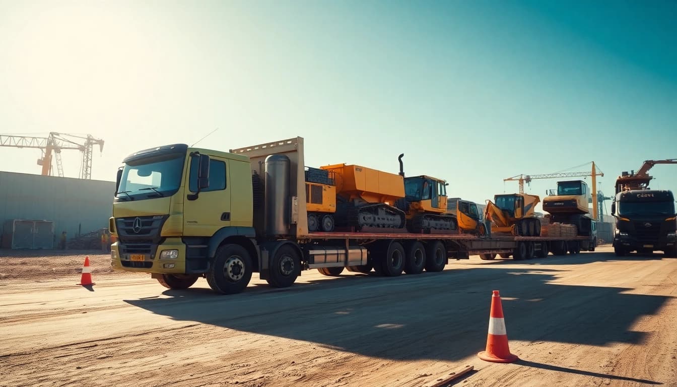 Efficient equipment transport truck moving heavy machinery on a construction site.