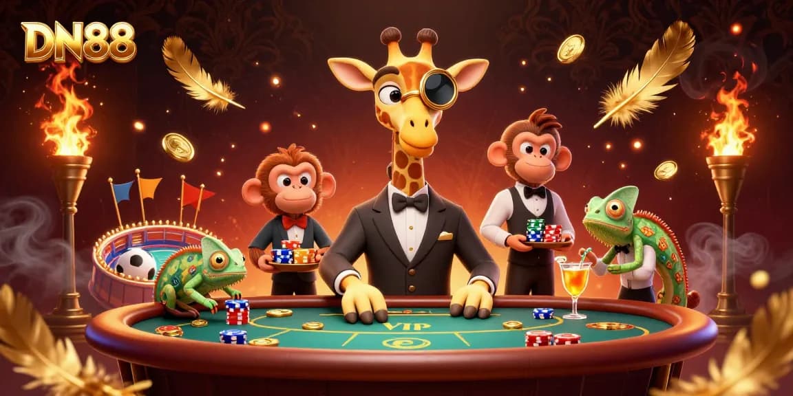 Betting at DN88 with a high-roller giraffe at a poker table, a monkey valet with chips, and a chameleon bartender.