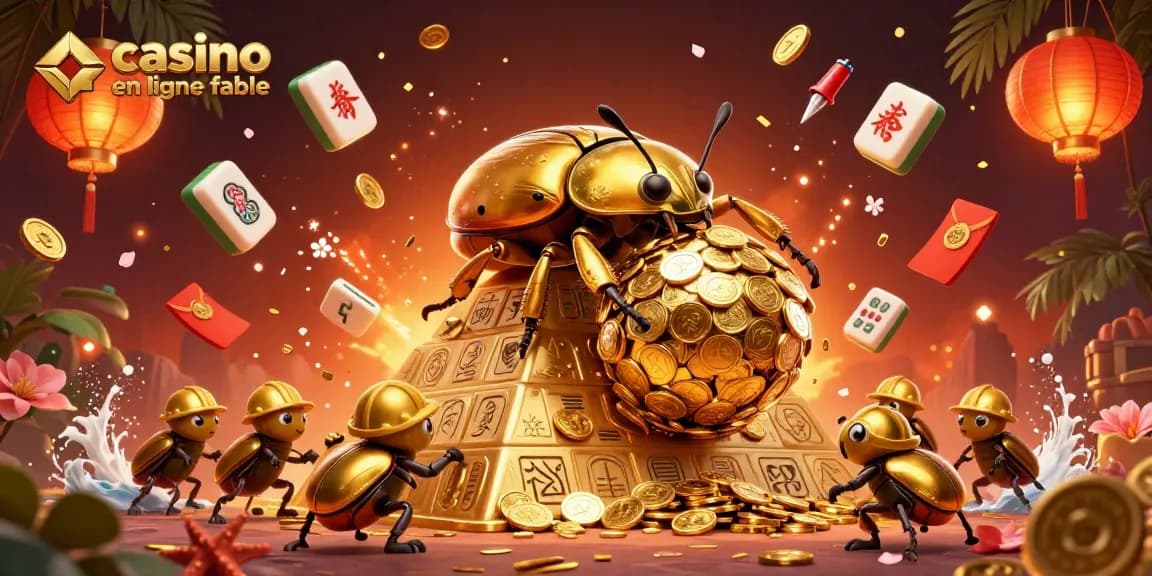 Jouer dans un casino en ligne fiable avec des symboles de chance et des pièces d'or éclaboussées.