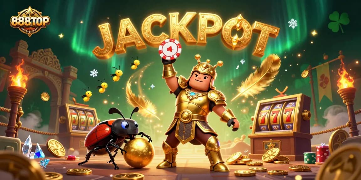 Engage in exciting gameplay with 888TOP's vibrant jackpot scene illustrated by a heroic beetle duo.