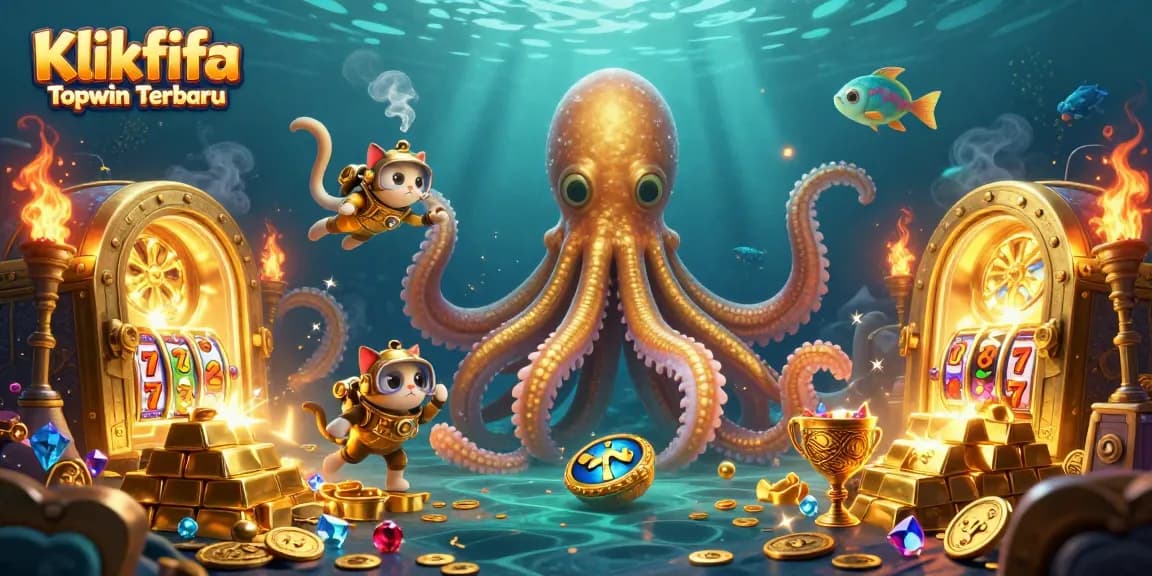Play slots at Klikfifa Topwin Terbaru while encountering a kraken and diving cat in a treasure-filled scene.