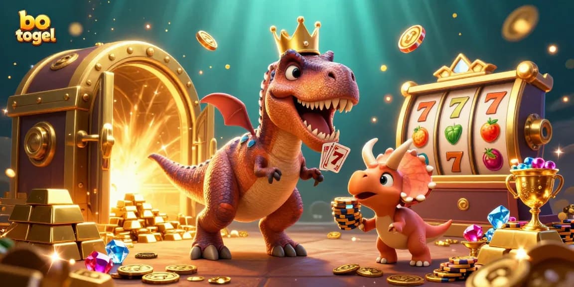Join the fun with bo togel as the friendly T-Rex plays cards with excitement in this vibrant casino illustration.