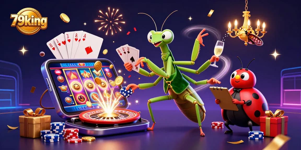 Experience 79king's vibrant casino scene featuring a praying mantis card sharp and engaging game elements.
