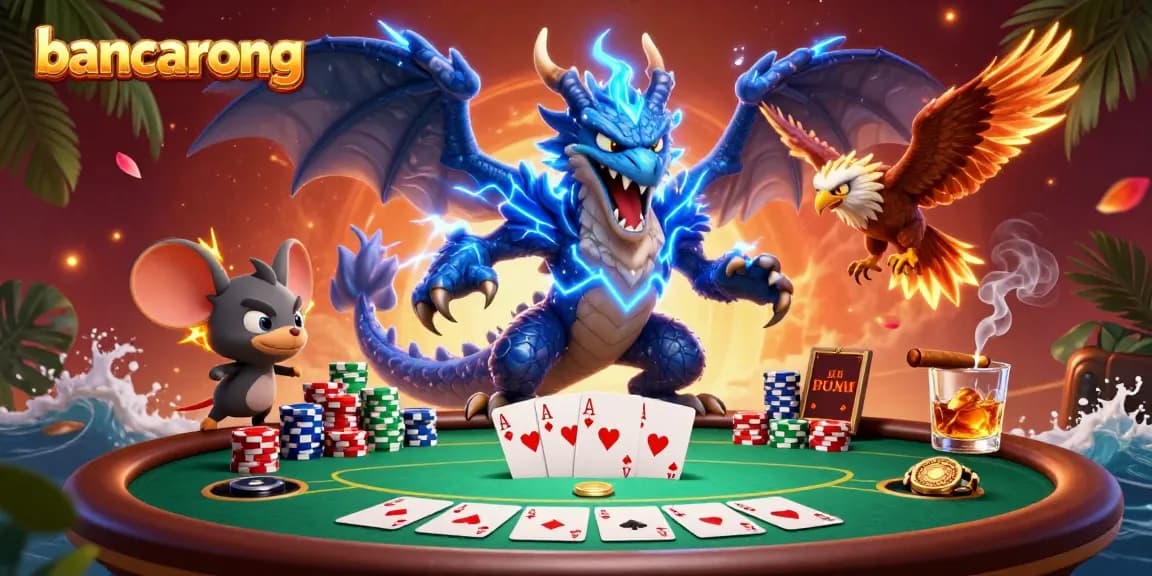 Engage with the dynamic bancarong poker scene, featuring a thunder dragon and casino elements.
