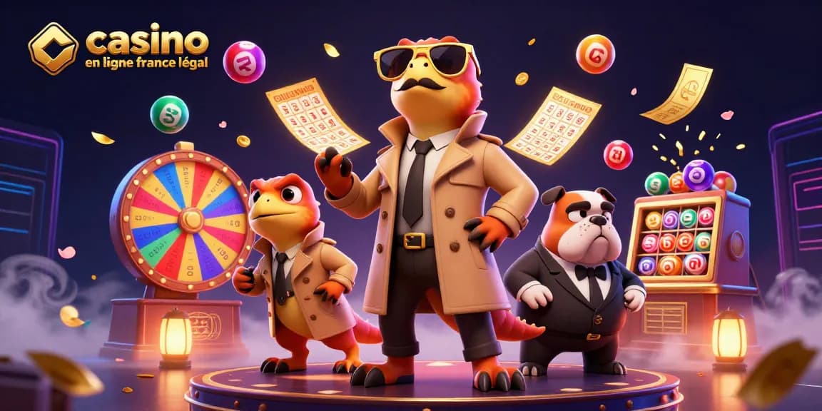 Illustration graphique des raptors en trench coat dans un casino, mettant en avant le casino en ligne légal en France.