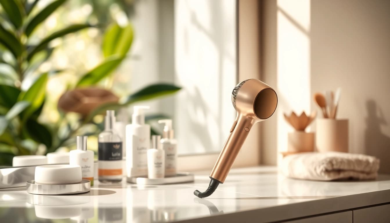 Showcase the Laifen hair dryer on a stylish vanity, highlighting its design and luxury appeal.