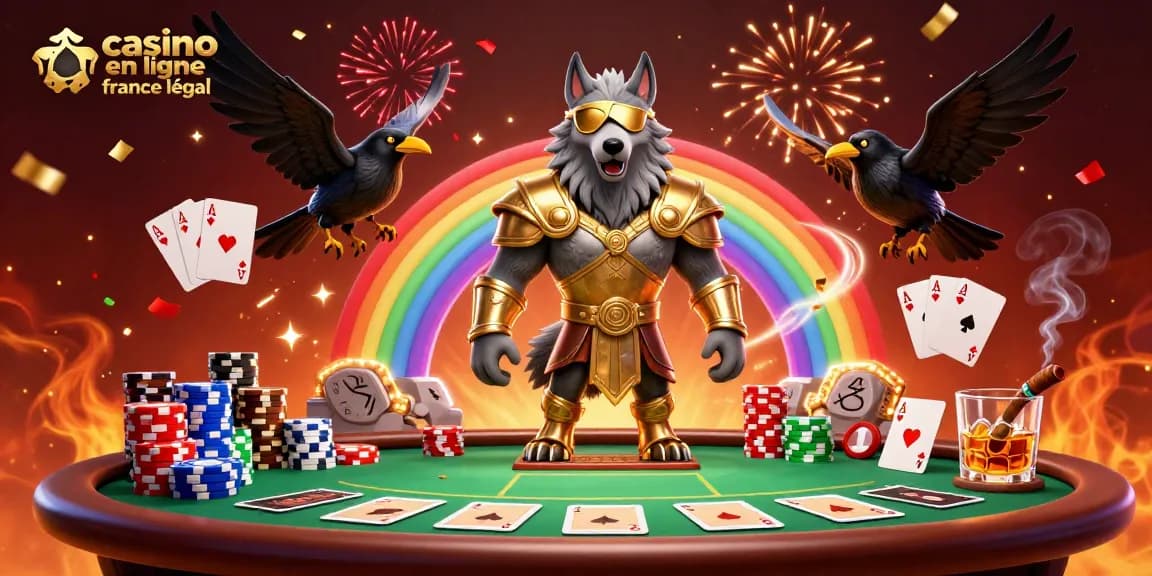 Illustration dynamique de casino en ligne France légal avec Odin et ses corbeaux devant un pont fait de jetons