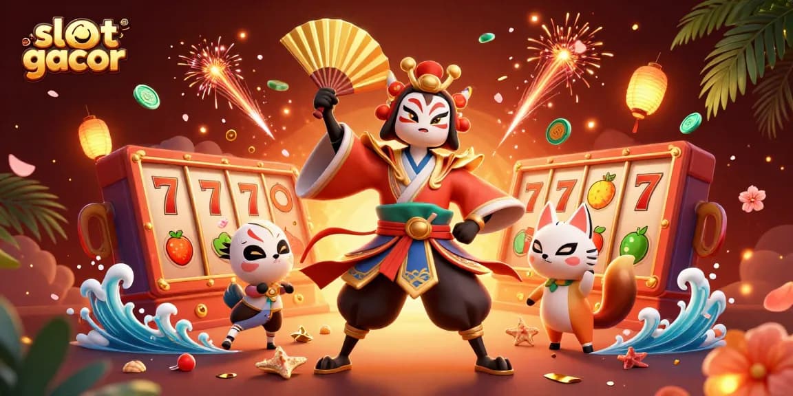 Experience the thrill of slot gacor with a vivid 3D scene featuring vibrant characters and dynamic gaming elements.