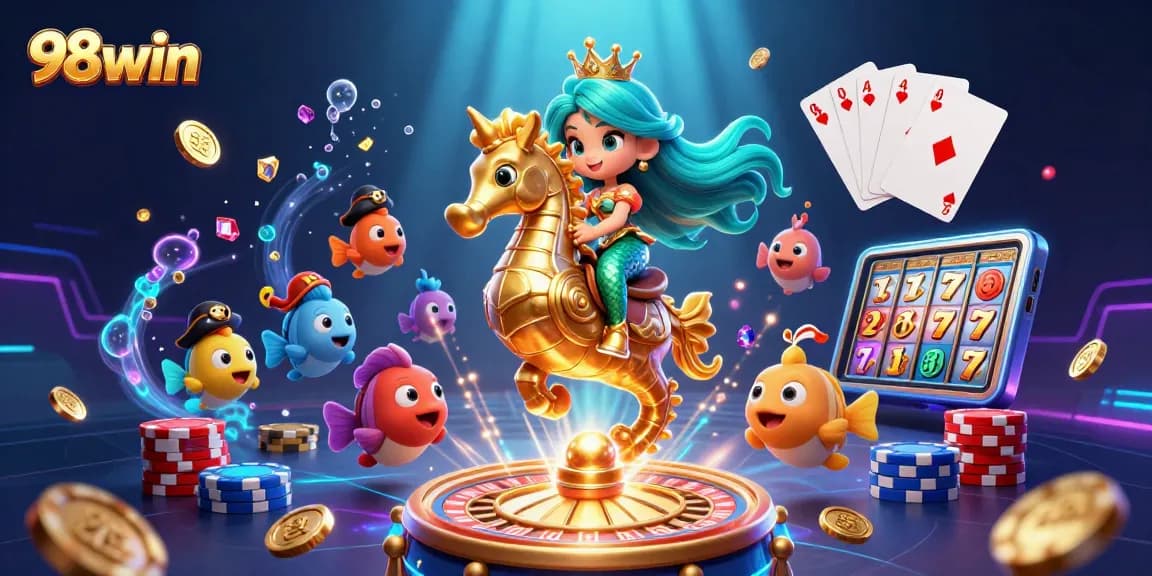 Engage with 98win's vibrant world of casino games featuring a mermaid princess and seahorse.