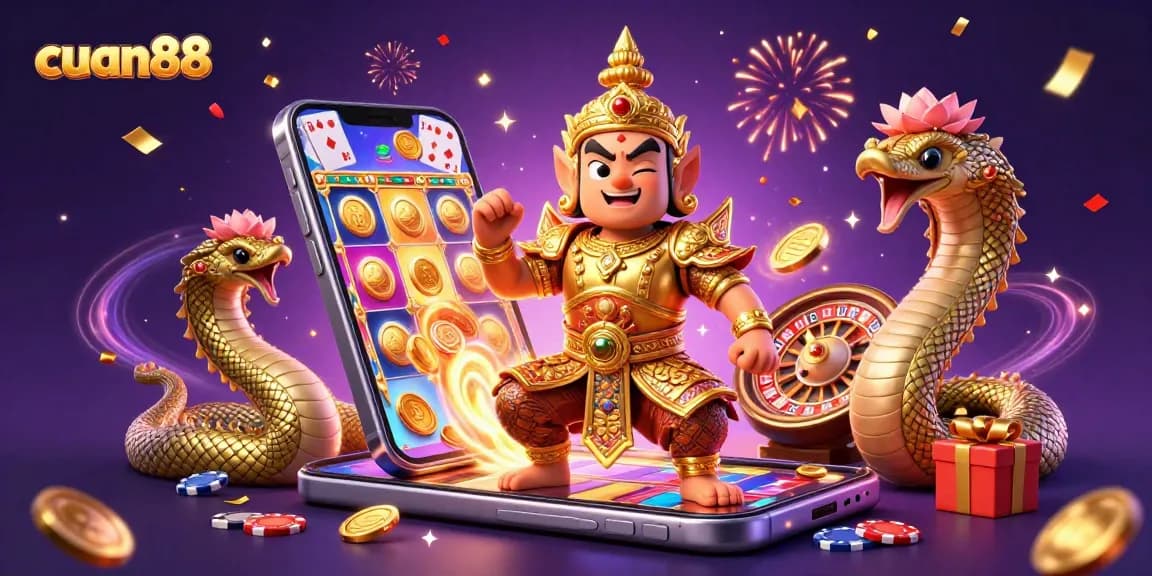 Experience cuan88's excitement with a Thai guardian and gaming elements in a festive illustration.