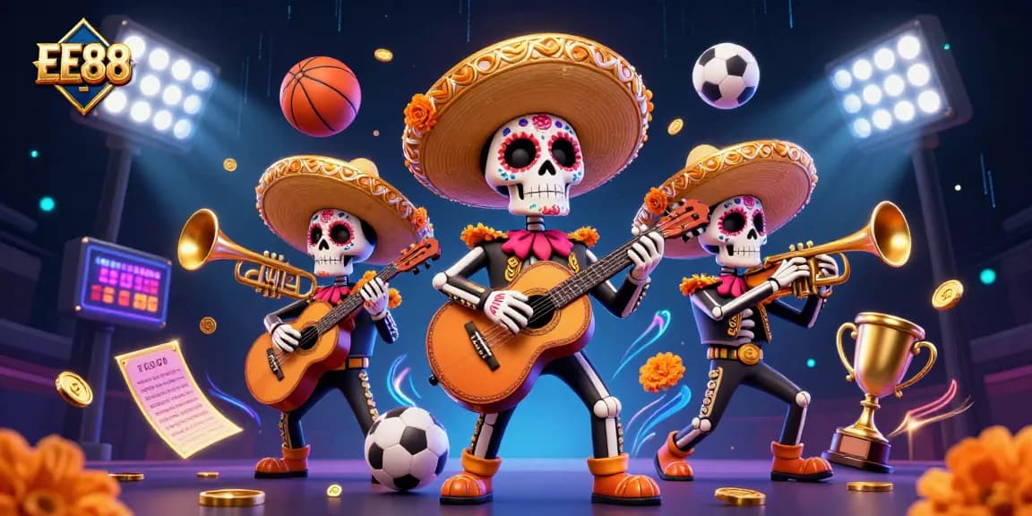 Engage in thrilling games with EE88 as a colorful mariachi band celebrates, surrounded by dynamic sports elements.
