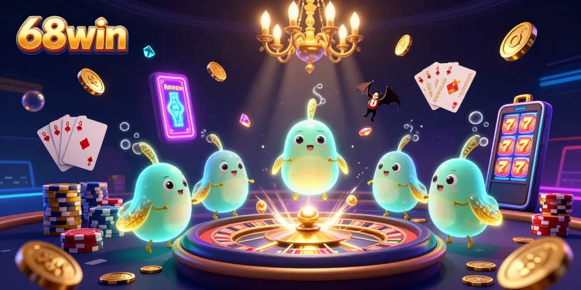 Experience the excitement at 68win with glowing glowworms illuminating a dynamic casino scene, featuring vibrant games.