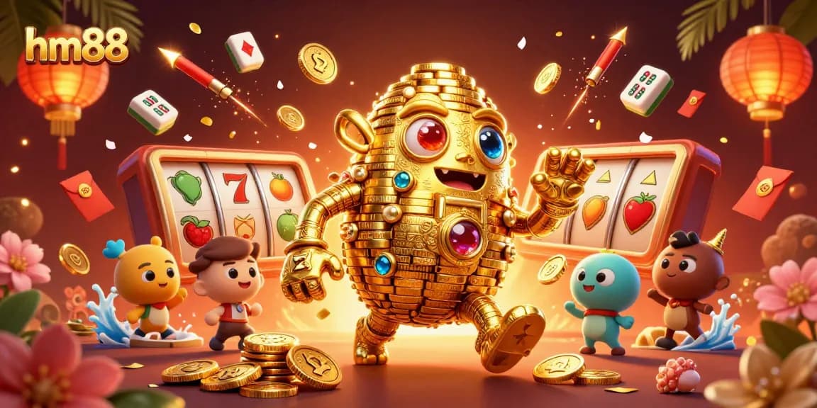 Experience the excitement of hm88 as the golden golem and vibrant casino elements bring the thrill of gaming to life.