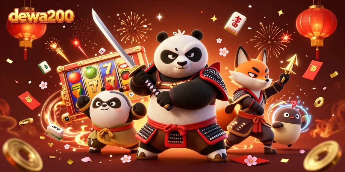 Gambar dewa200 menunjukkan panda samurai dan rubah ninja dengan elemen permainan slot, petasan bersinar, dan keberuntungan yang bertebaran.