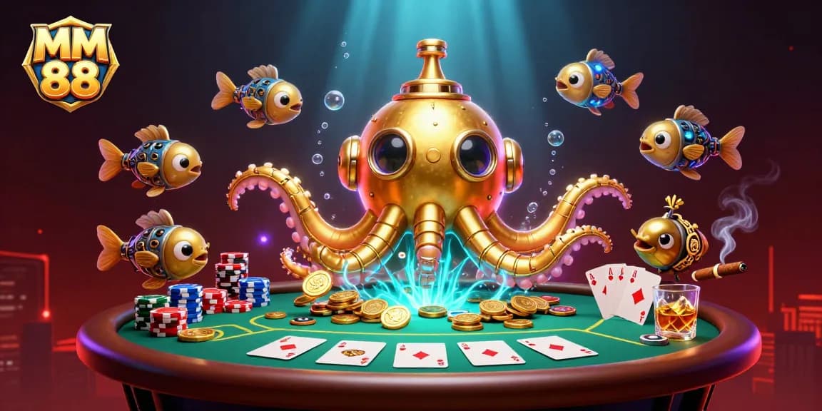 Engage in thrilling gameplay with MM 88's vibrant poker scene featuring a golden kraken amidst golden coins.