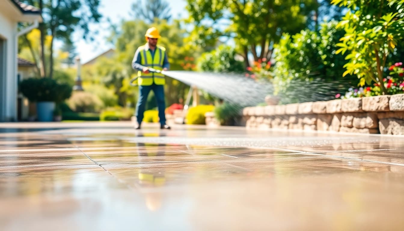 Professional driveway cleaning showcasing a concrete surface being washed thoroughly, emphasizing cleanliness.