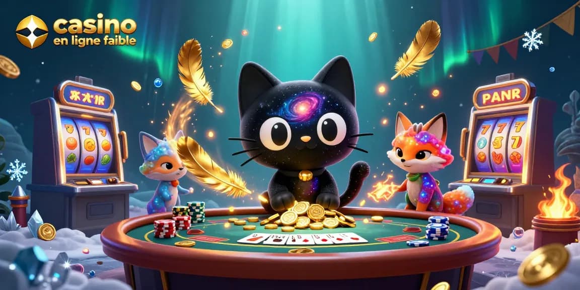 Une illustration de casino en ligne fiable avec un chat noir et un renard coloré attirant des jetons d'or.