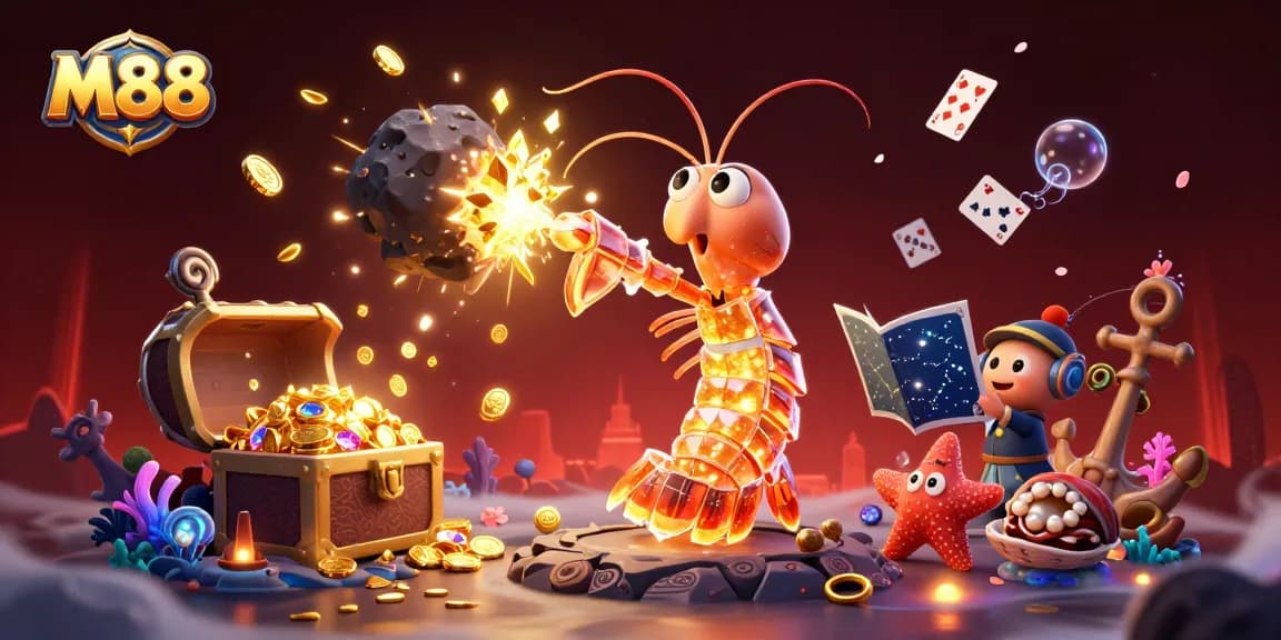 M88 players diving into excitement with vibrant casino action amidst shimmering treasures and cosmic effects
