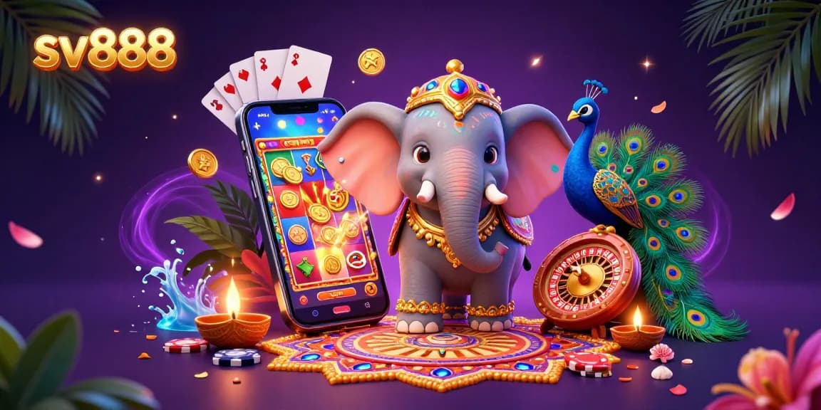 Experience thrilling gaming fun at sv888 with a vibrant 3D casino illustration featuring a colorful elephant, peacock, and exciting gaming elements.