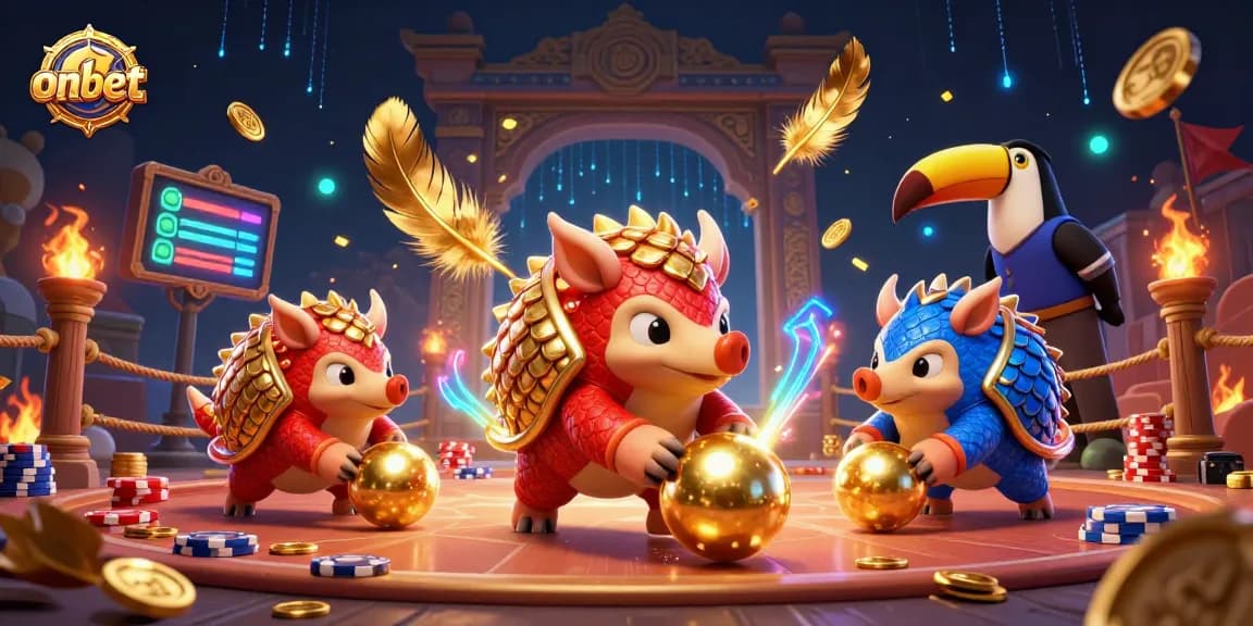 Experience thrilling gameplay at onbet with pangolins battling amidst golden coins and poker chips.