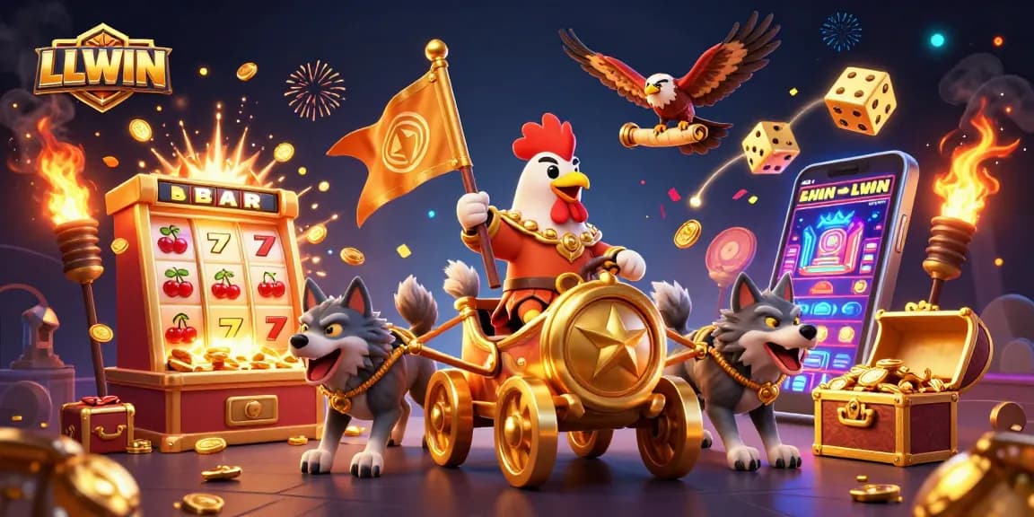 Experience thrilling jackpots at LLWIN with a dynamic scene of a rooster warlord and slot machines.