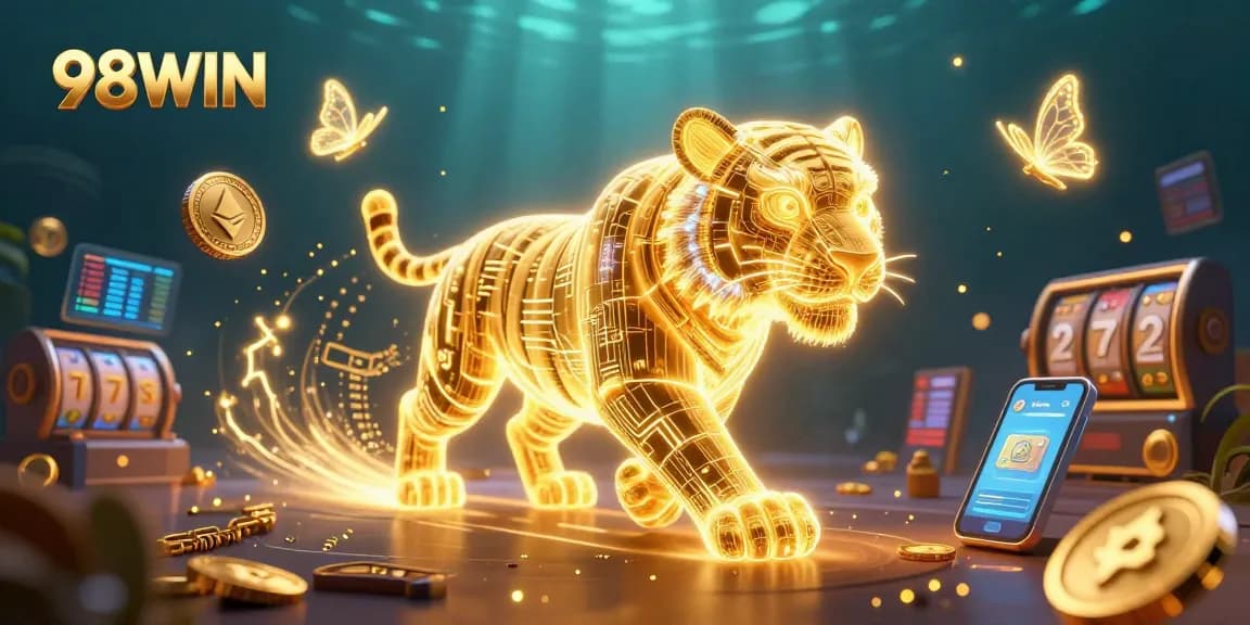 Experience the vibrant digital casino landscape with 98WIN's golden tiger and crypto elements illuminating the scene.