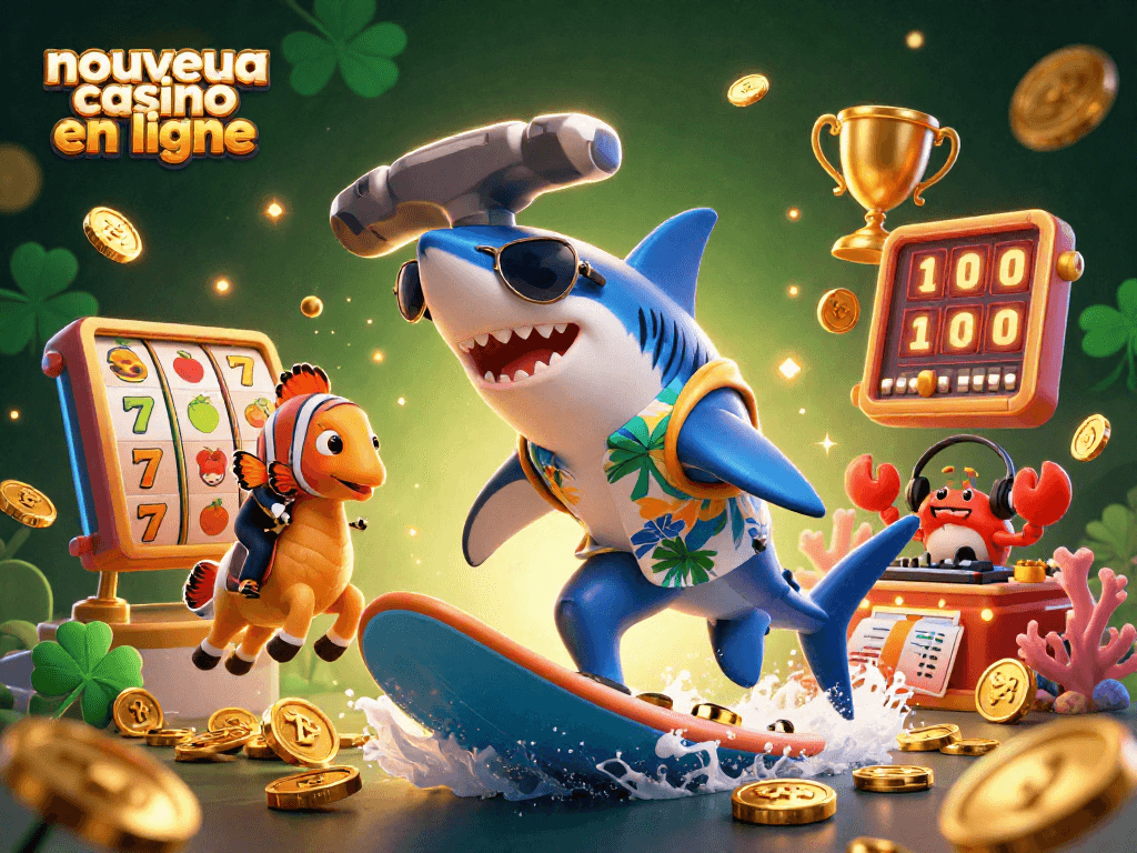 Illustration captivante d'un nouveau casino en ligne avec un requin, un poisson clown et un DJ, entourés de machines à sous.