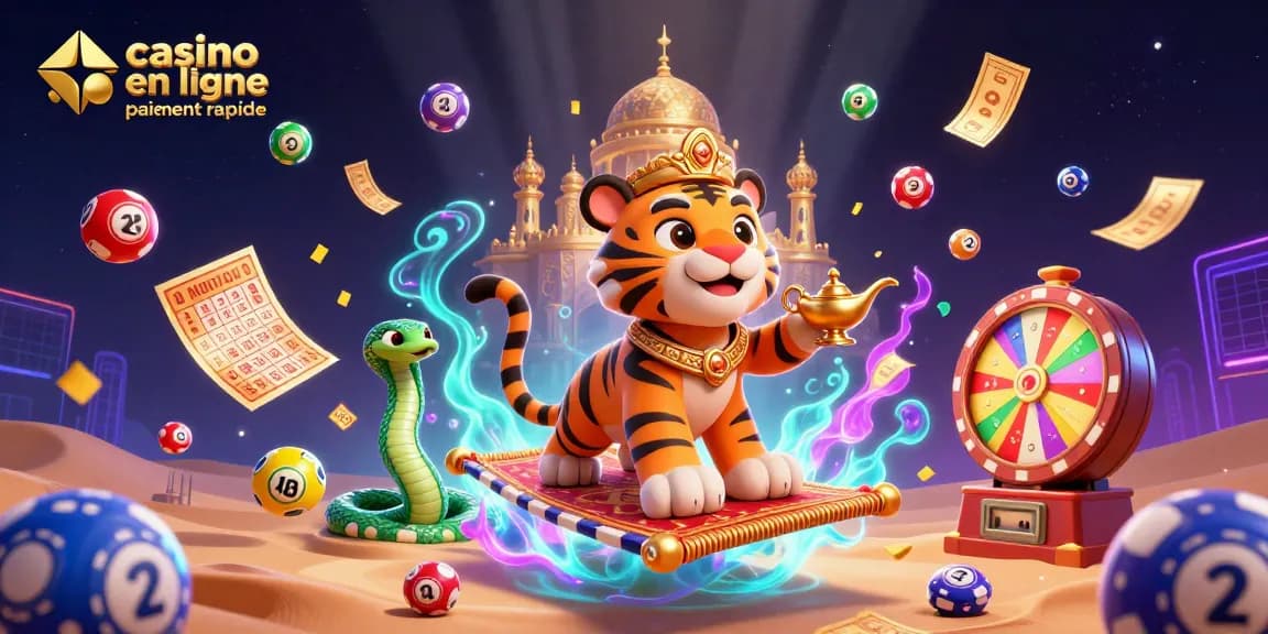 Illustration dynamique de casino en ligne avec paiement rapide, mettant en scène un sultan tigre et des éléments colorés.