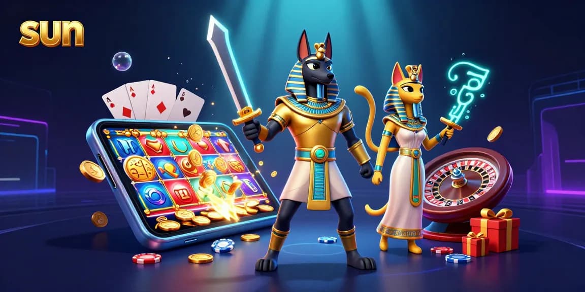 Experience the thrill of slots and casino games in vibrant sun-themed illustration featuring ancient Egyptian characters.