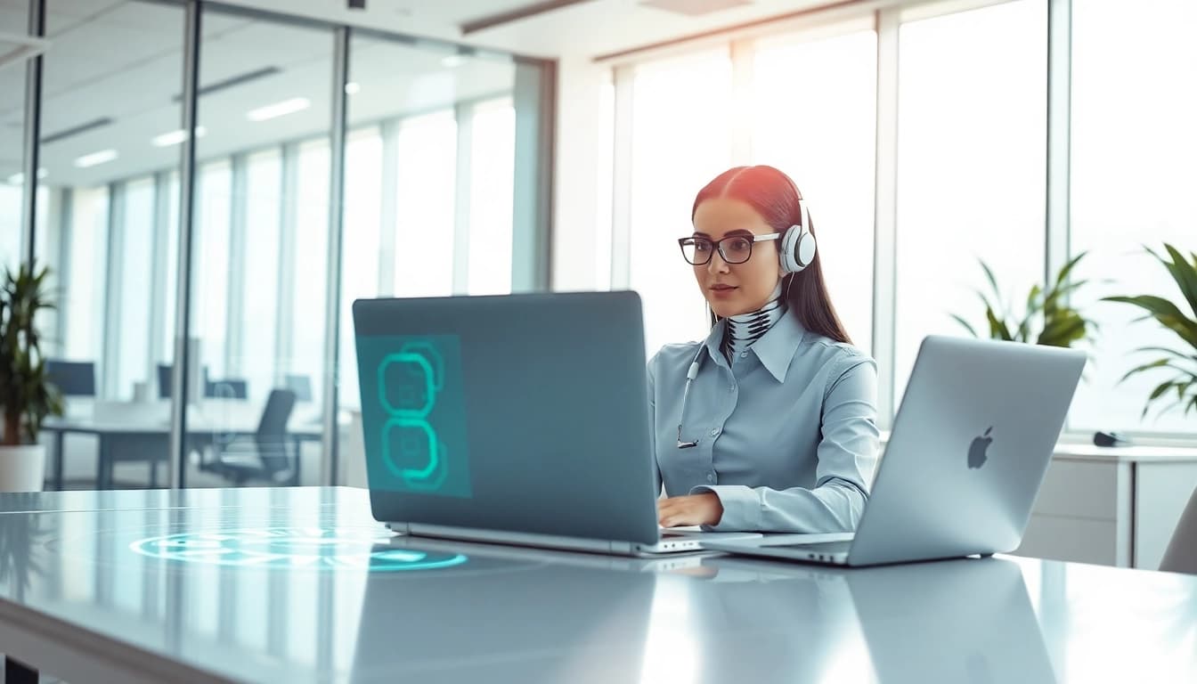 AI executive assistant alternative AI assisting in a modern office, highlighting productivity.