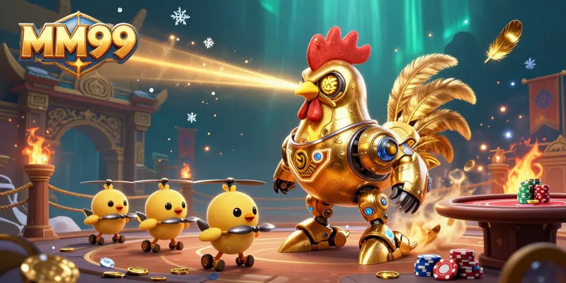 Experience thrilling action with MM99 as the golden rooster robot unleashes laser beams amidst vibrant casino elements.