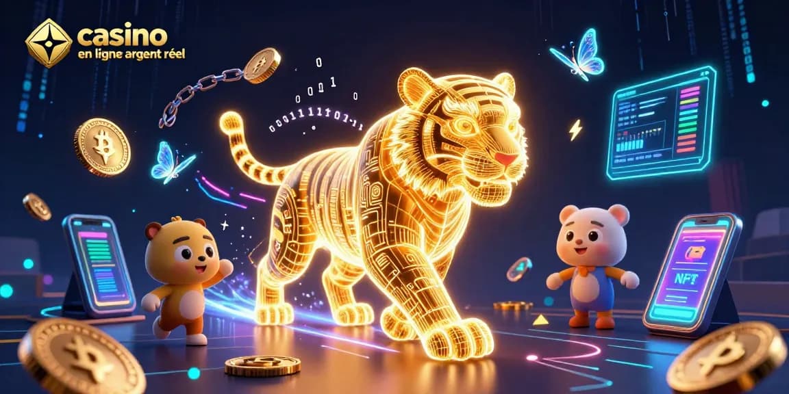 Profitez du jeu dans un casino en ligne argent réel avec un tigre doré numérique et des éléments de crypto-monnaie scintillants.