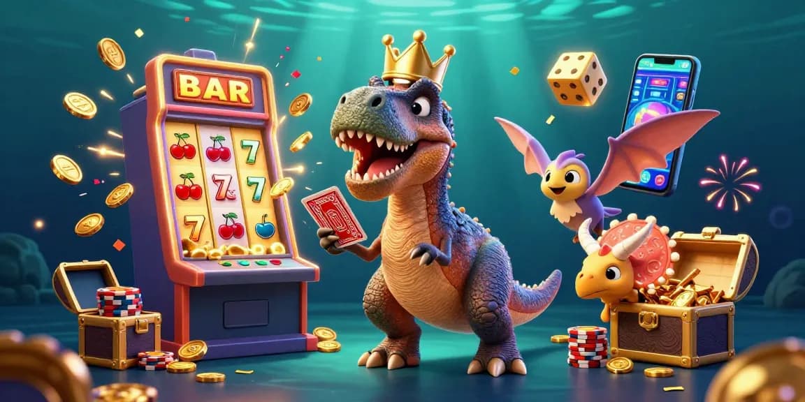 U888 brings excitement with a T-Rex shuffling cards, a pterodactyl assistant, and a triceratops stacking golden chips
