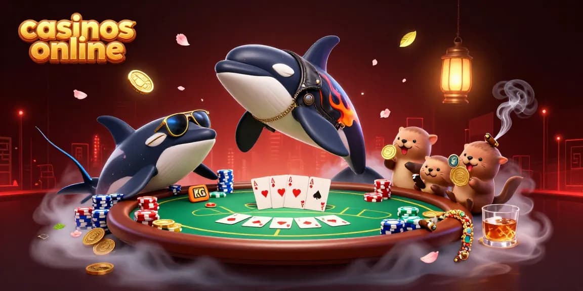 Experience casinos online with a dynamic scene of an orca, stingray, and otters playing poker.