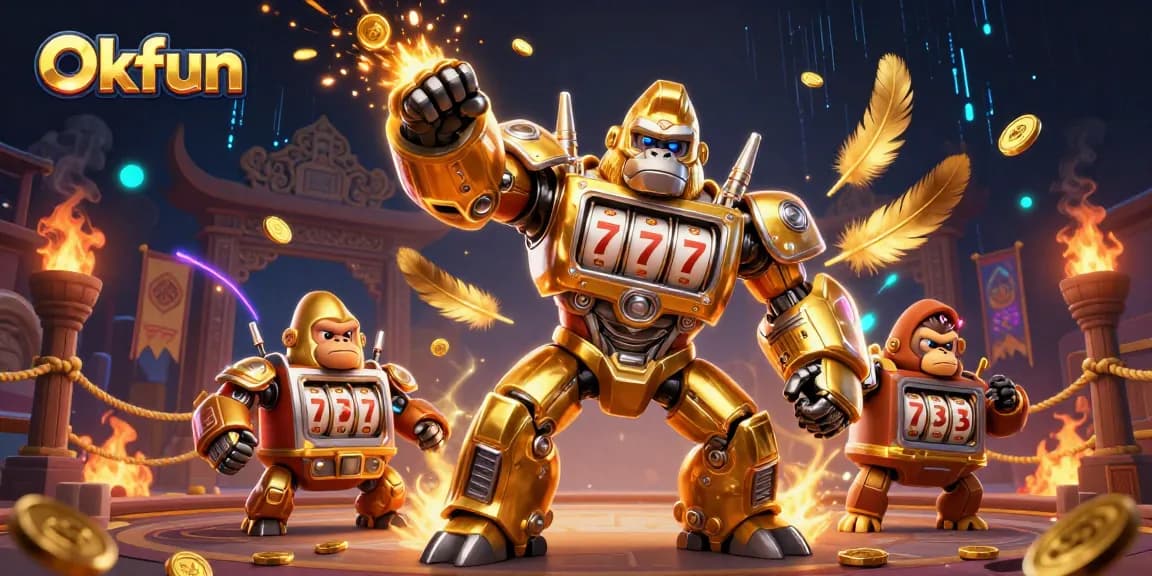 Engage with Okfun’s golden gorilla mech amidst dynamic casino elements and vibrant effects.