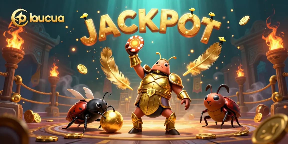 Baucua game features a victorious 3D beetle lifting a poker chip in a vibrant casino scene.