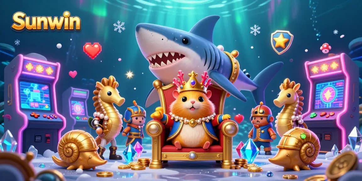Experience thrilling gaming action with Sunwin’s vibrant casino scene, featuring a golden hamster king and colorful arcade elements.