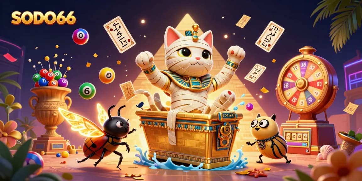 Experience thrilling gameplay at SODO66 with the Egyptian mummy cat and vibrant casino elements.